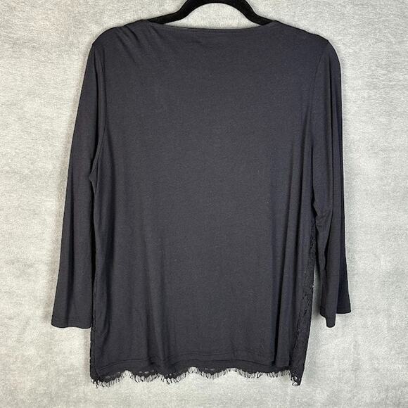 Garnet Hill Top Womens Large Black Lace 3/4 Sleeve Neutral Party Holiday Stretch - Picture 4 of 11